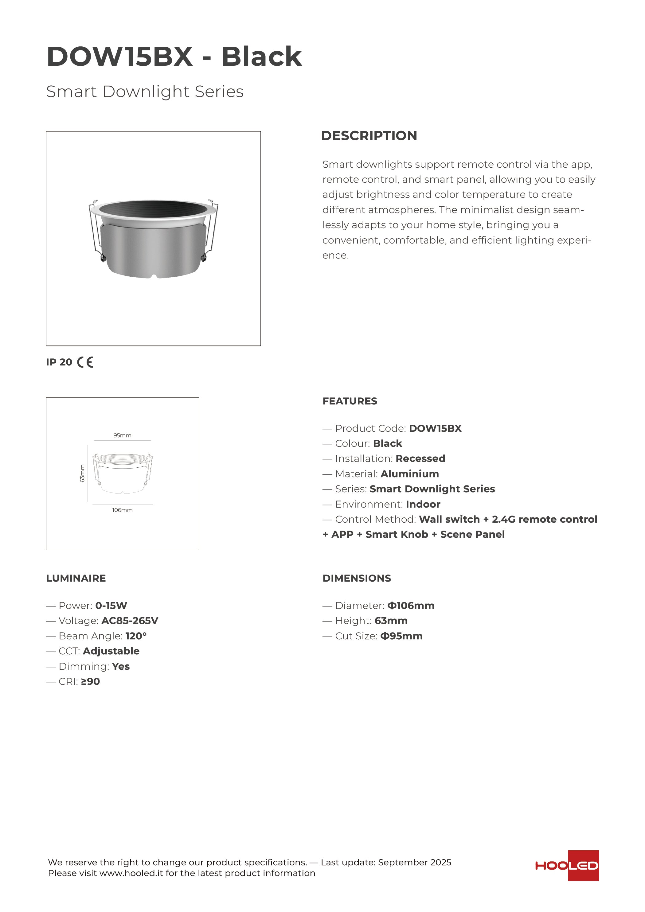 Smart Down Light Black/White - DOW15BX DOW15WX
