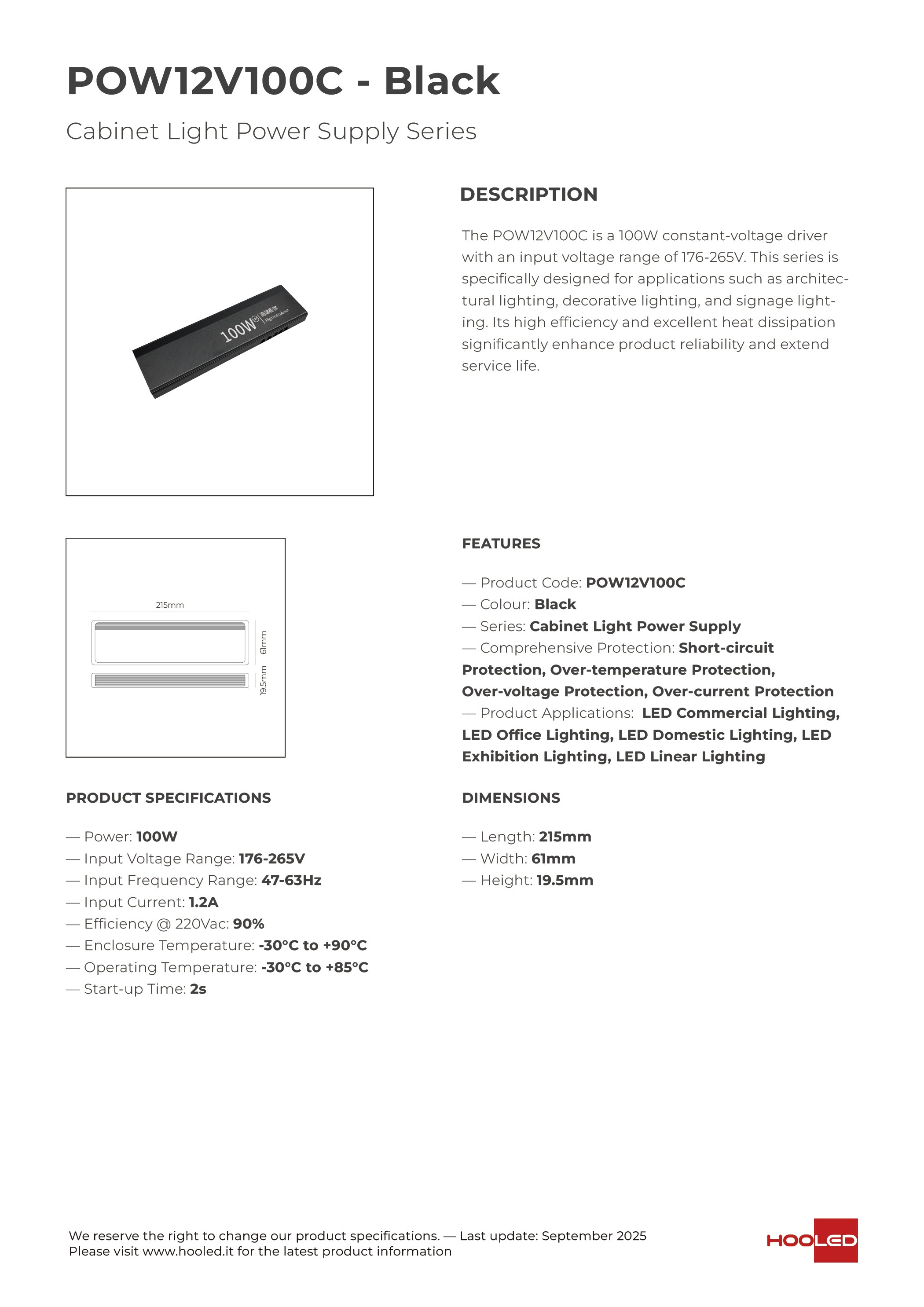 Cabinet Light Power Supply 100W Black - POW12V100C