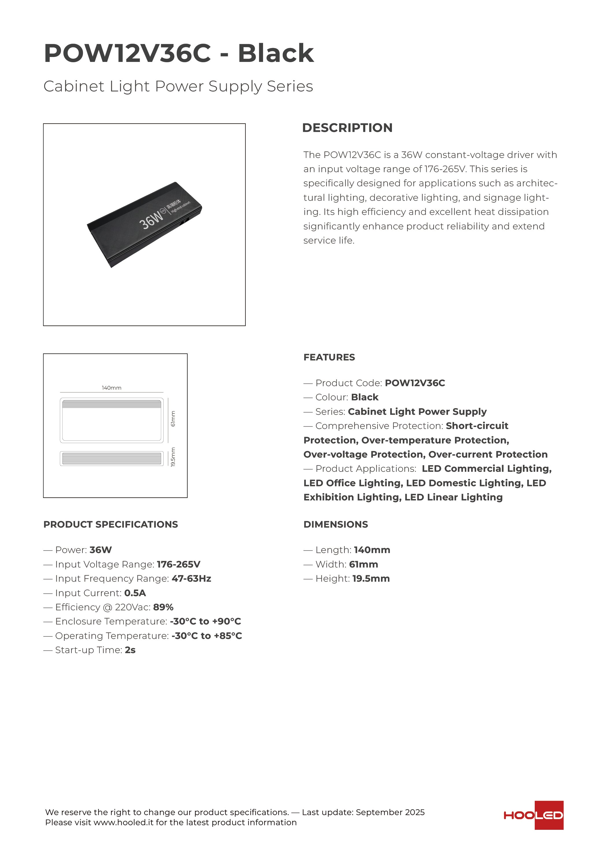 Cabinet Light Power Supply 36W Black - POW12V36C