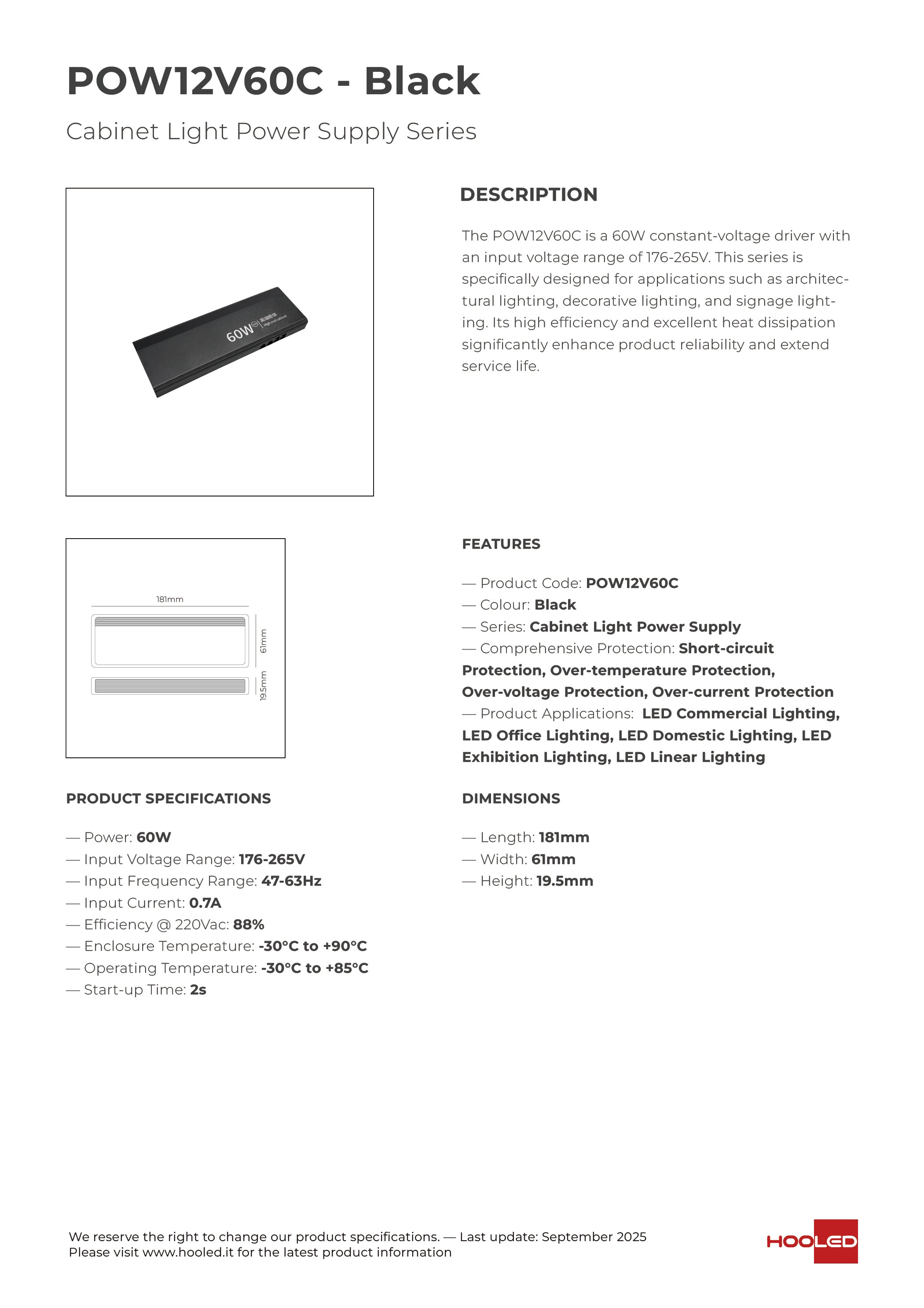 Cabinet Light Power Supply 60W Black - POW12V60C